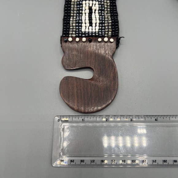 Vintage Heavy Beaded Wood Buckle Southwestern Native Aztec Western Boho Belt M - Picture 6 of 6